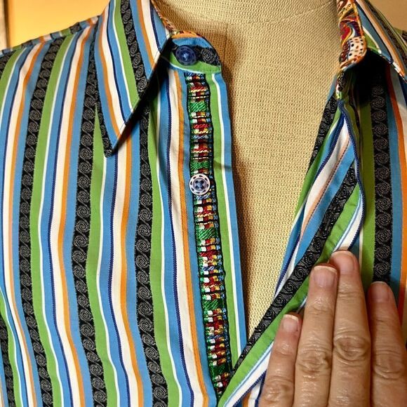 EEUC Men's Robert Graham Striped‎ Shirt Contrasting Cuff Lining Size XLT XL Tall - Picture 4 of 8